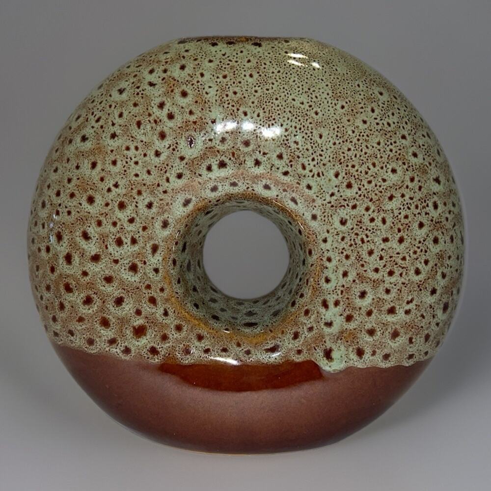 Round Vase Mottled Green & Brown Earth Toned – Donut Shaped Art Pottery - 6.5"